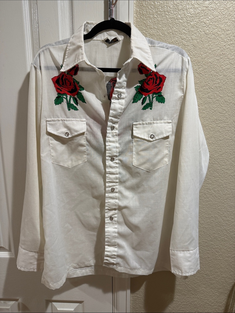 Men's White Button-Down Shirt with Red Rose print